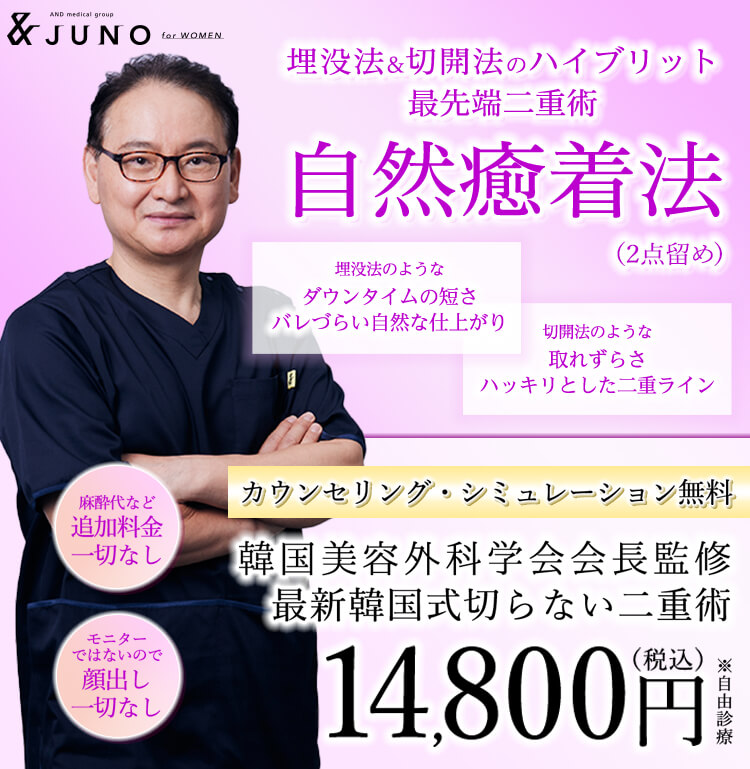 埋没法＆切開方のハイブリット 最先端二重術 自然癒着法 カウンセリング・シミュレーション無料 韓国美容外科学会会長監修最新韓国式切らない二重術14,800円（税込）